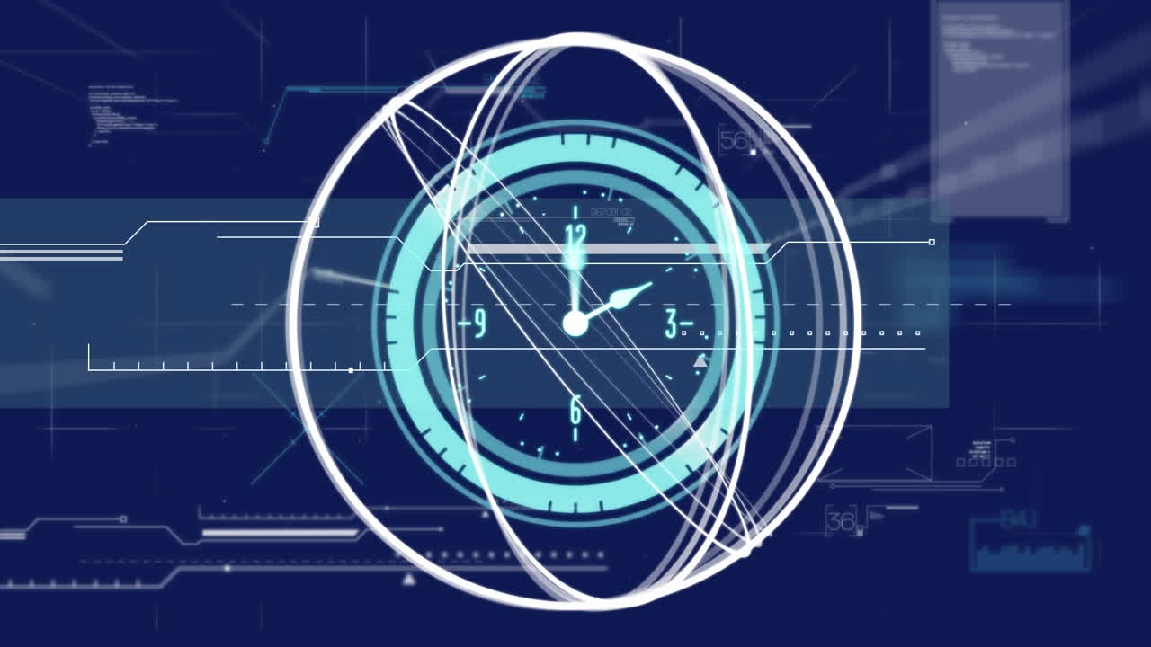 Animation of scope scanning with clock ticking fast, data processing and network of connections
