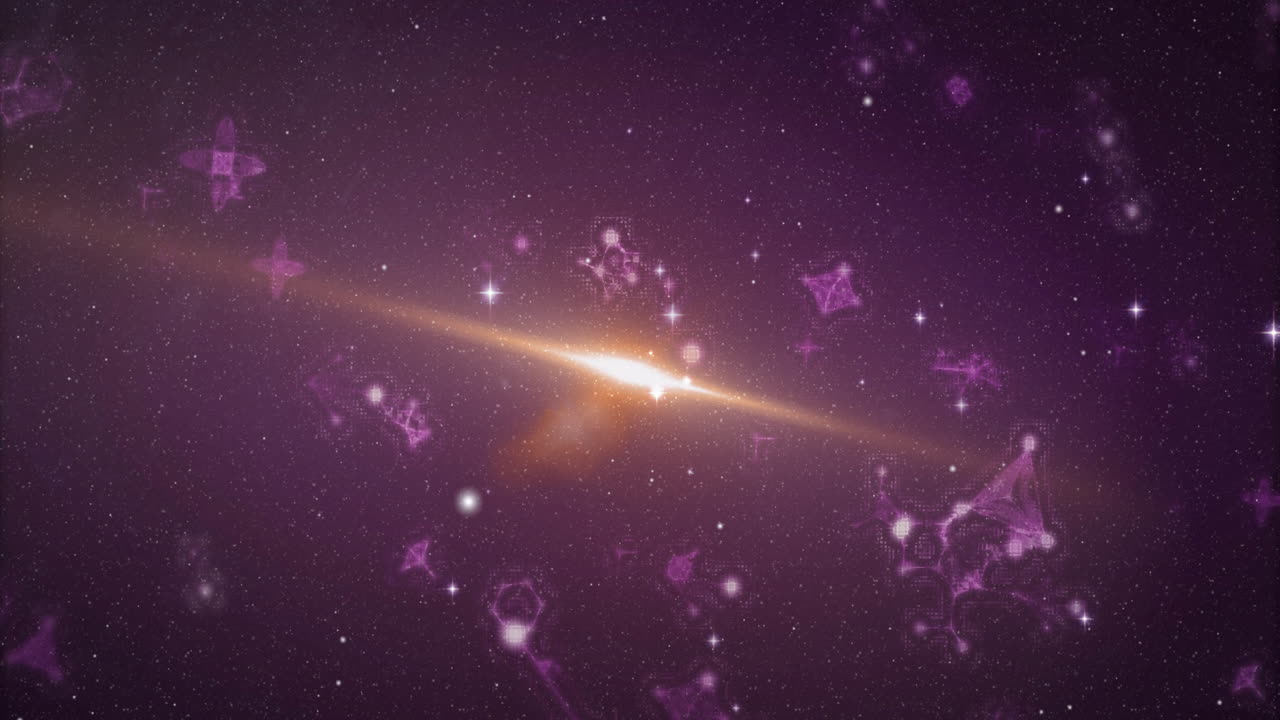 Bright golden galaxy disk being animated in cosmic scene, with radiant beam, purple network overlay