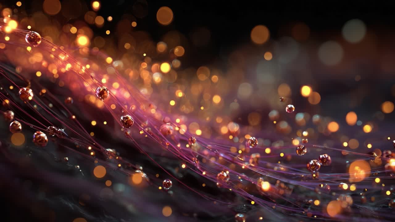 Swirling purple filaments with suspended jewel like spheres move gracefully through a field of golden bokeh lights, creating a mesmerizing and elegant flow of abstract data on a dark background