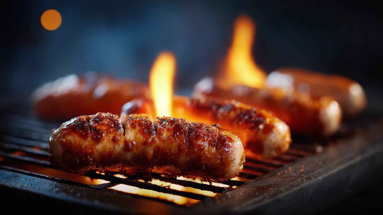 Deliziose salsicce grigliate che sfrigolano su fiamme vive, con la perfetta rosolatura e una succulenza da far venire l'acquolina in bocca, per un'esperienza di banchetto barbecue.