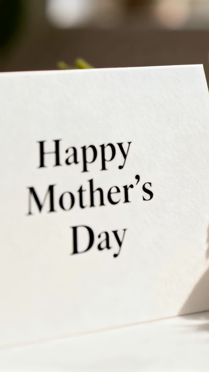 Vertical video: Moving camera showing white Mother's Day card on desk, focusing on text with vase
