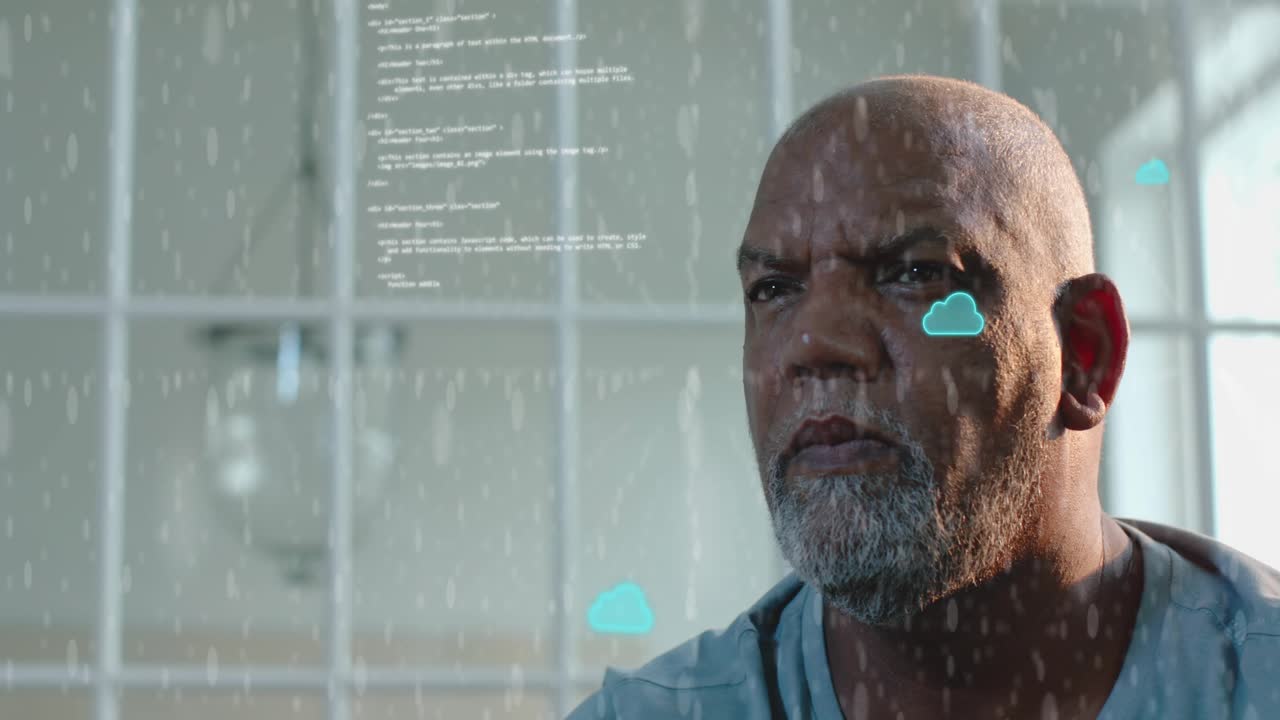 Man reaching forward and dragging cloud icons, causing code overlays clustering for sorting tech