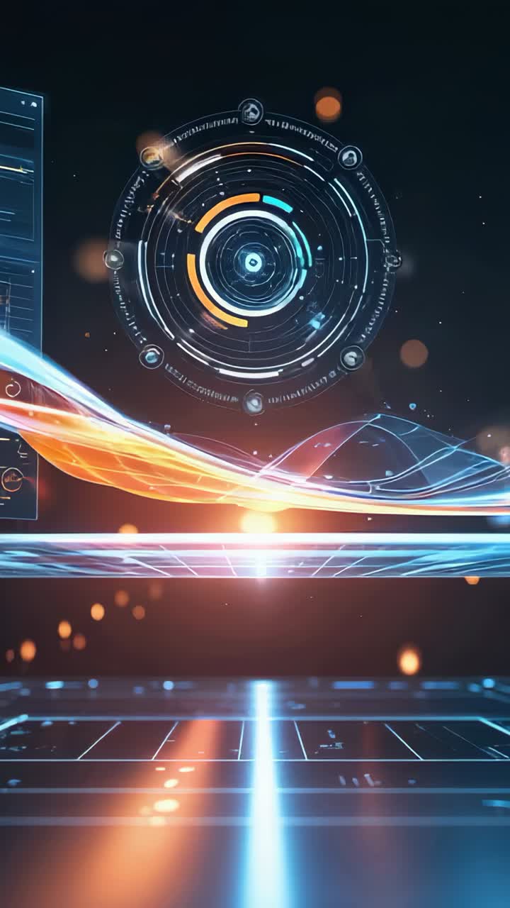 Vertical video: Starting circular interface rotating in void, with pulsing orange-blue wave
