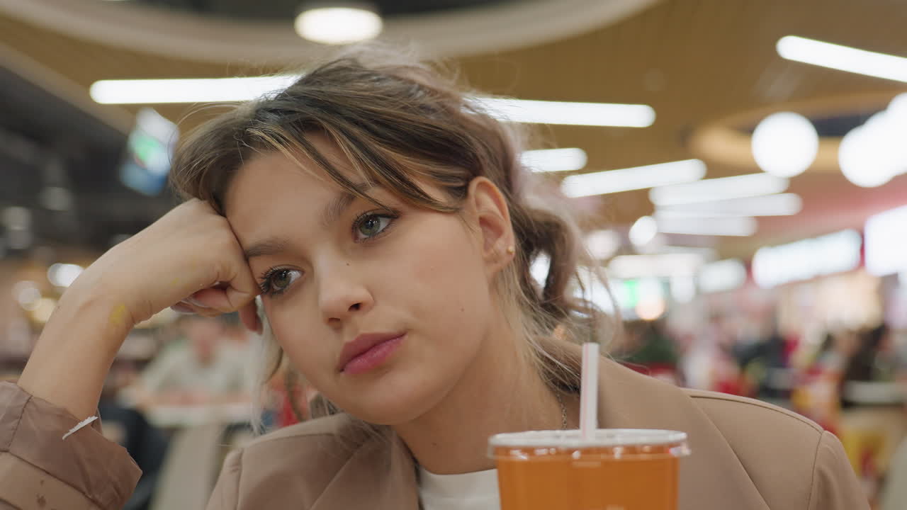 십 대 백인 음식 리뷰어가 붐비는 푸드 코트에서 피자를 맛보며 음료를 마시고 있어요. 생각에 잠긴 듯한 표정으로 맛을 음미하고, 은은한 조명과 테이블 위의 주황색 컵, 캐주얼한 블레이저, 요리에 집중하는 모습, 솔직한 분위기가 느껴집니다.