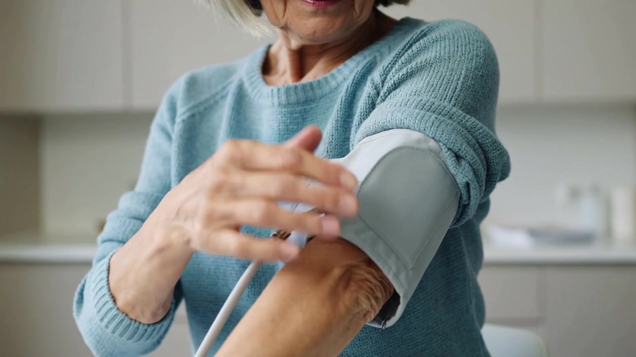 Anziano in maglia blu che si prepara regolando il bracciale per la pressione sanguigna sul braccio sinistro nella cucina di casa, con tubi per la salute