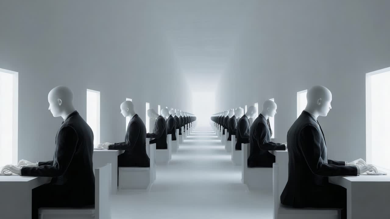 A stark, surreal representation of a vast workspace, featuring numerous faceless figures seated at identical stations, immersed in their digital environment with glowing screens highlighting a sense of uniformity