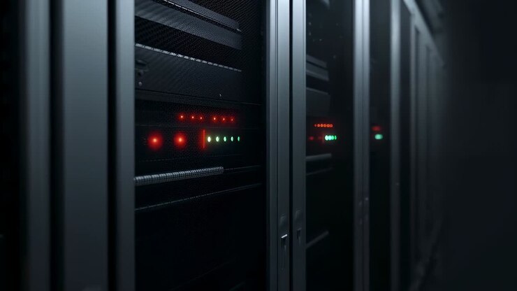 Moving camera on dolly revealing server racks at data center, checking status as red LEDs growing