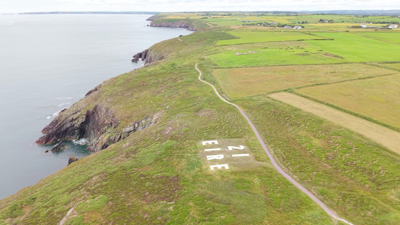 Aerial View of WWII EIRE 21 Neutrality Marker on the Irish Coast Atlantic Cliffs