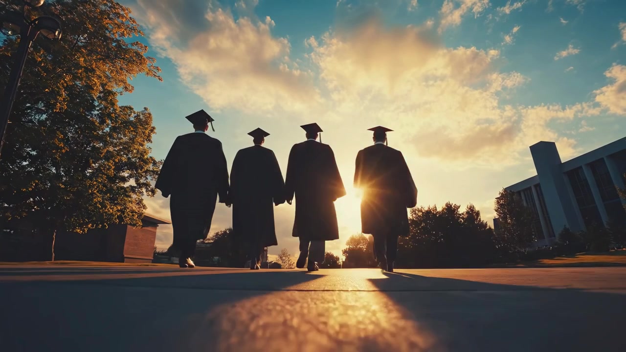 Group of Graduates Walking Together on Campus at Sunset