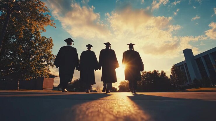 Group of Graduates Walking Together on Campus at Sunset