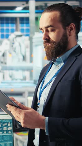 Vertical Video Portrait Of Engineer In Photovoltaics Factory Using Tablet To Diagnose Systems