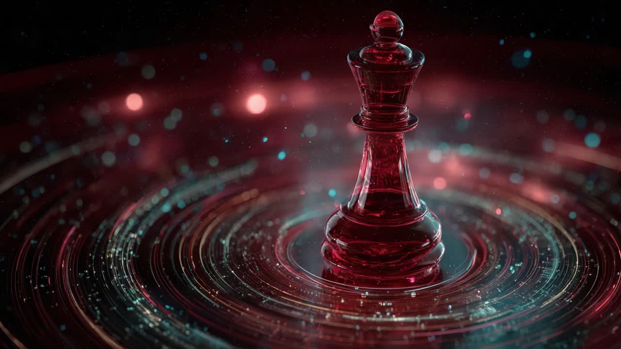 Red glass chess queen piece rotating in the center of a swirling vortex of light trails, symbolizing strategy, power, and leadership against a dark, cosmic background with glowing particles