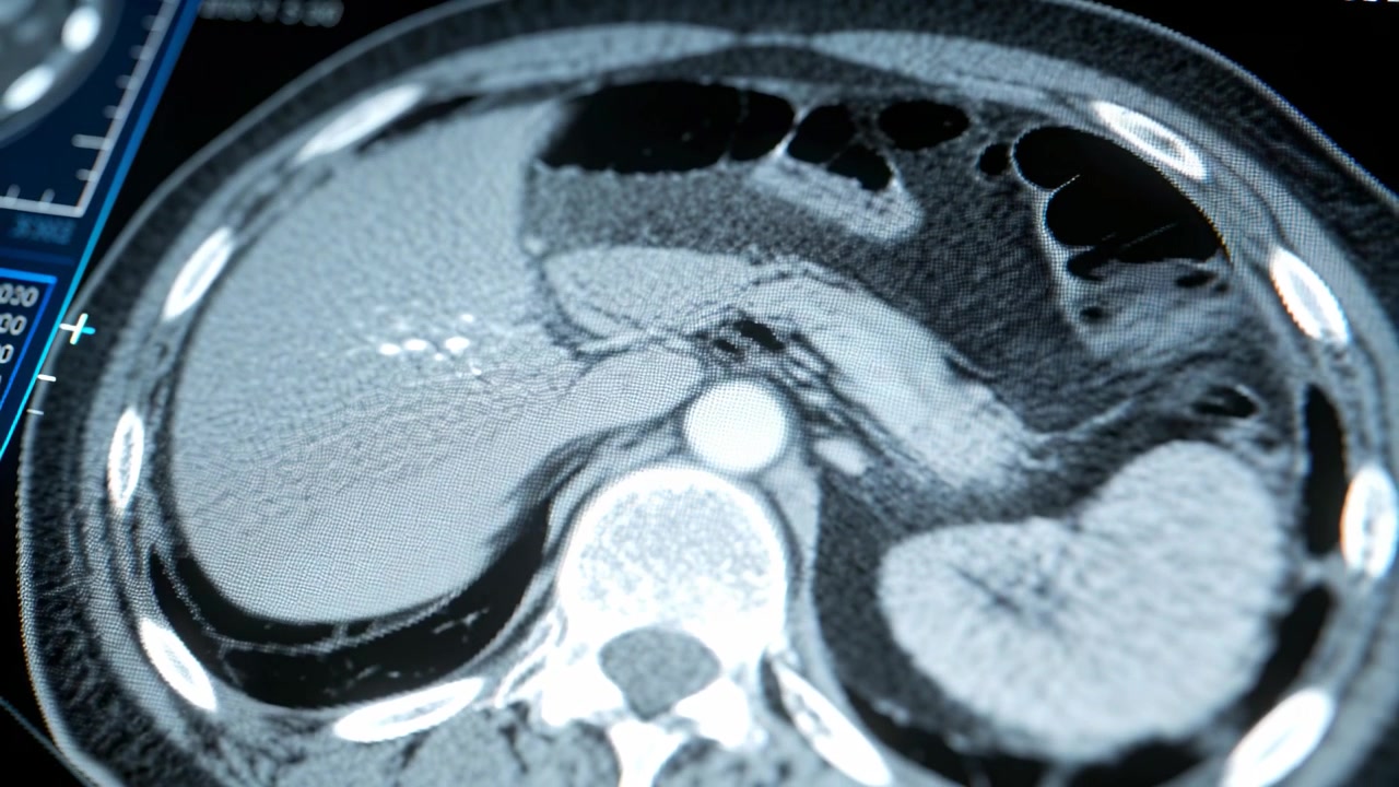 Spostamento della telecamera che mostra una TC assiale sulla cornice del monitor, esponendo l'aorta con contrasto, una vertebra e una striscia blu.