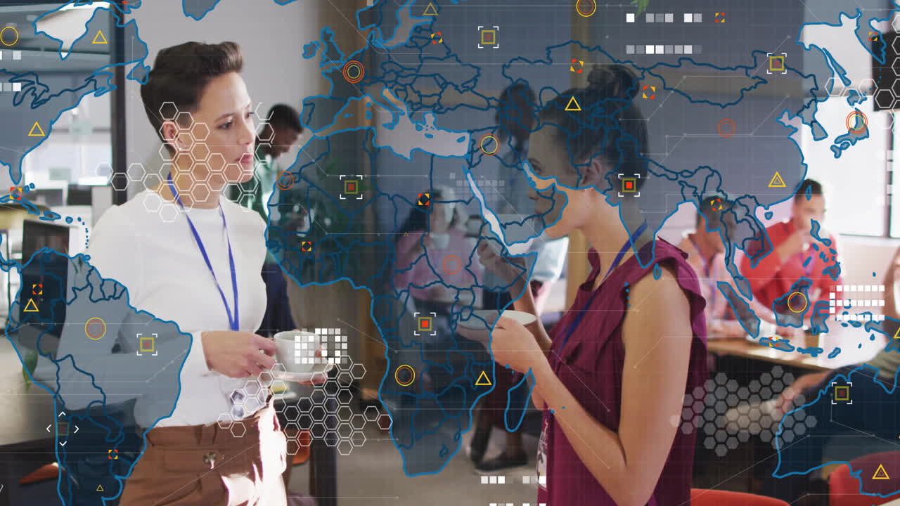 Networking with digital world map and data overlay, business professionals collaborating