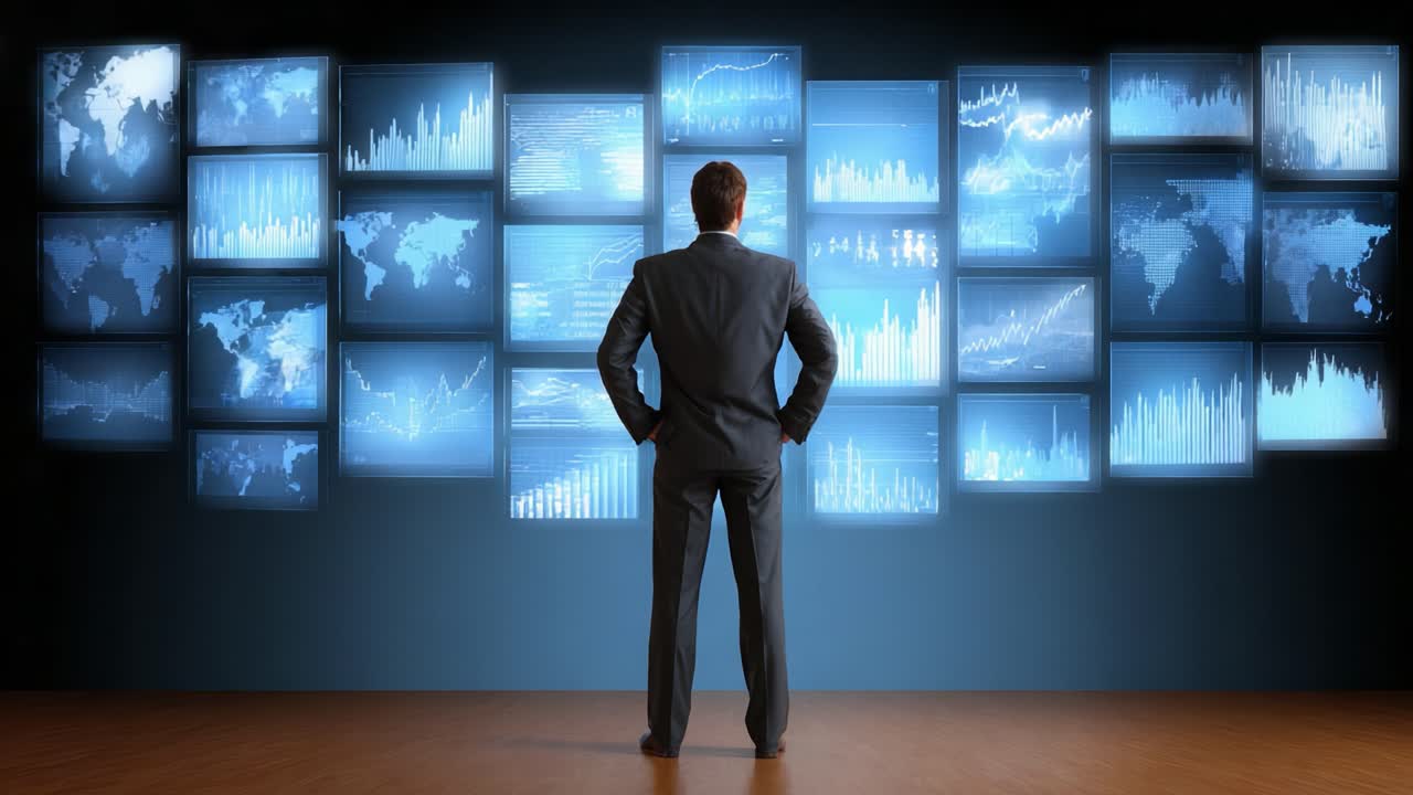 A Business Professional Analyzing Data Trends and Charts on Multiple Screens in a High-Tech Environment, Focusing on Charts, Graphs, and Visual Analytics Insights
