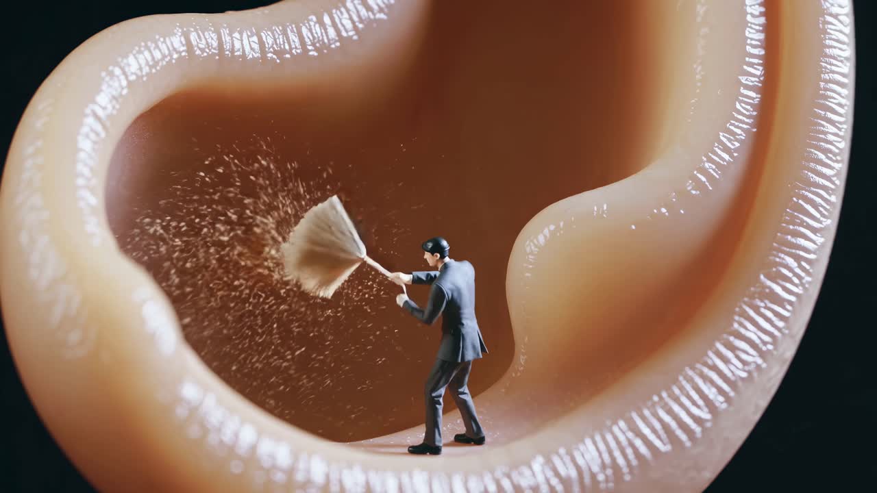 Tiny Businessman Cleaning a Giant Ear