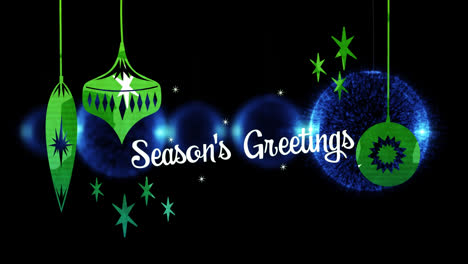animación de saludos de navidad sobre navidad rosas verdes y azules decoraciones en el fondo