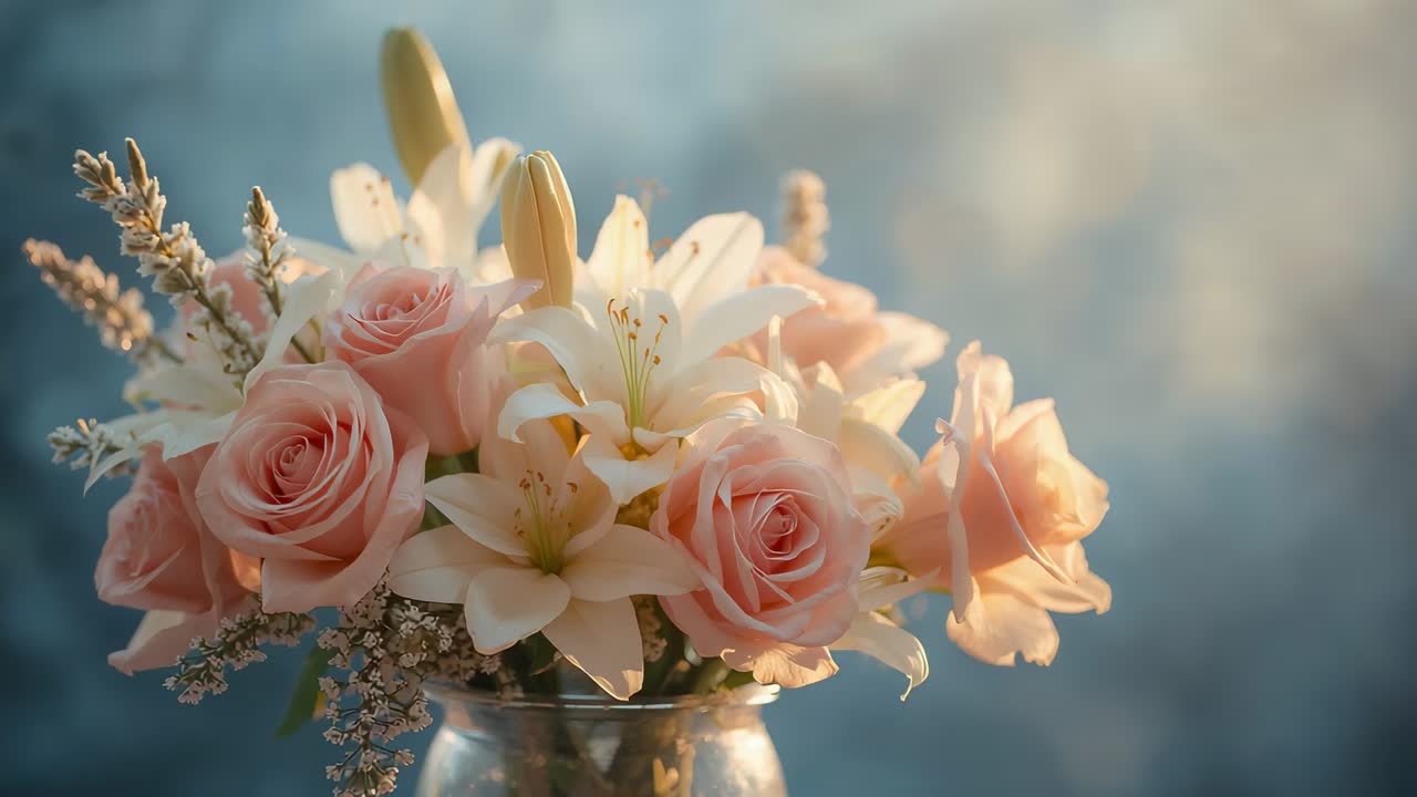 Starting camera zooming into bouquet on table, revealing glass vase, pale roses, lilies for closeup
