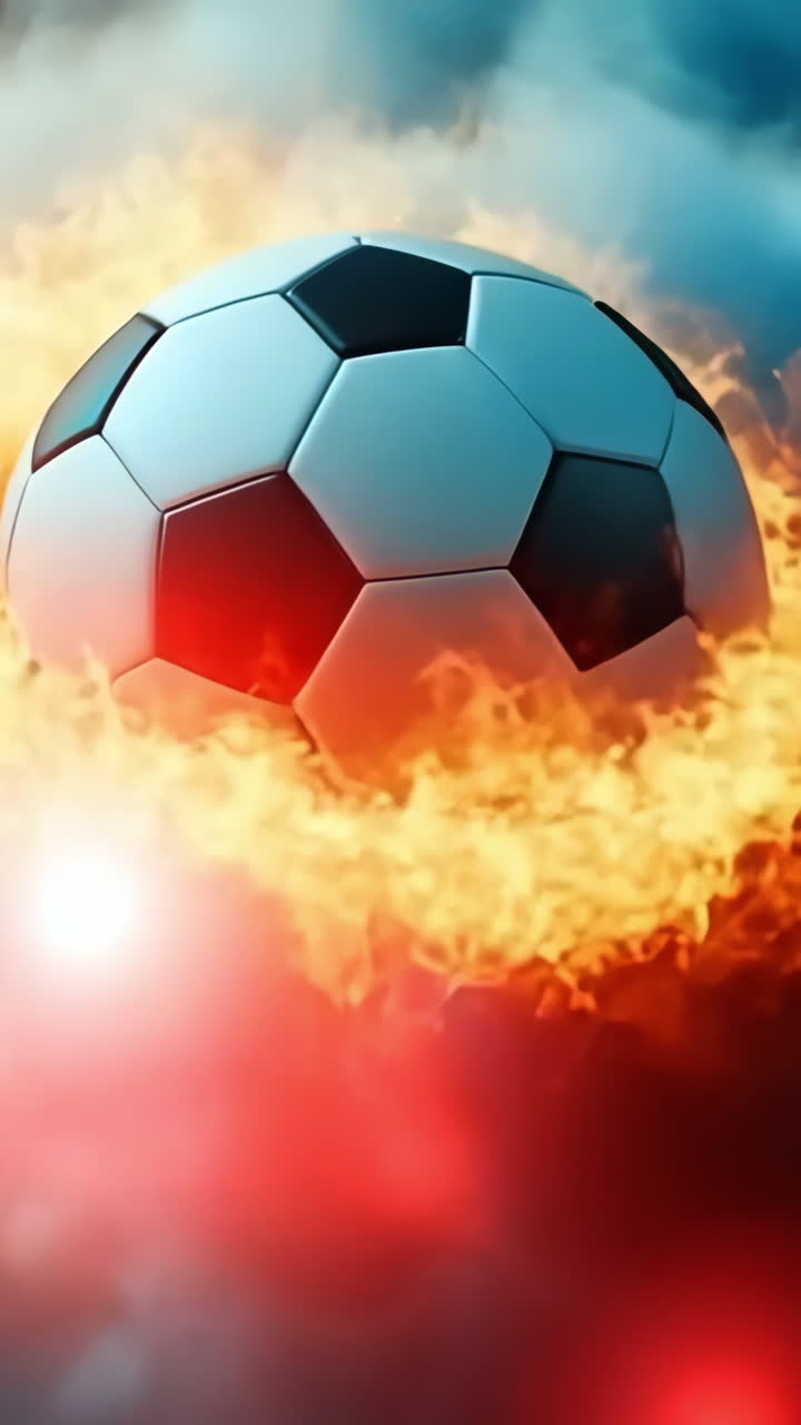 Soccer ball surrounded by vibrant flames. A soccer ball hovers in the midst of colorful flames and smoke, creating a striking visual effect.