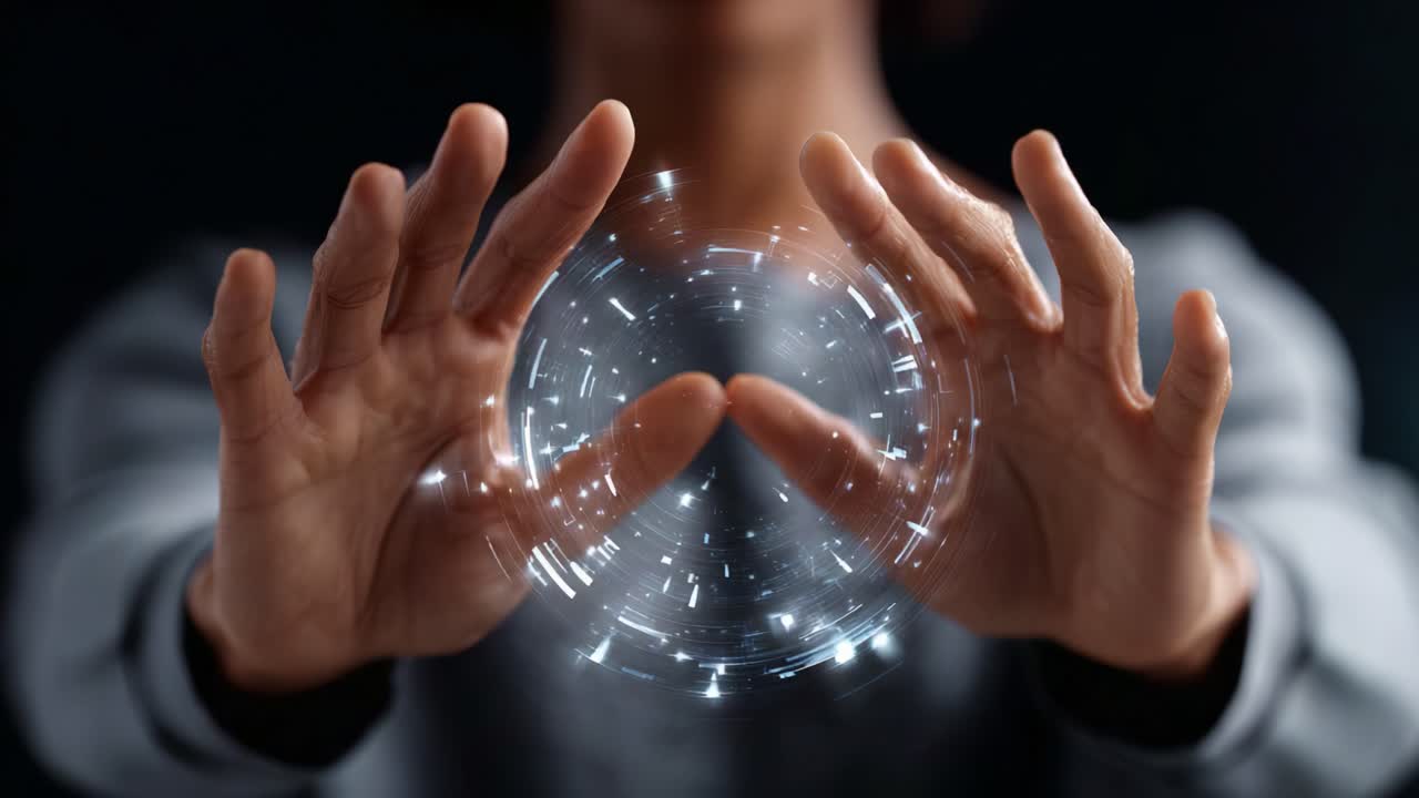 A person with outstretched hands channels energy into a glowing sphere, showcasing the blending of technology and mysticism in a captivating visual experience