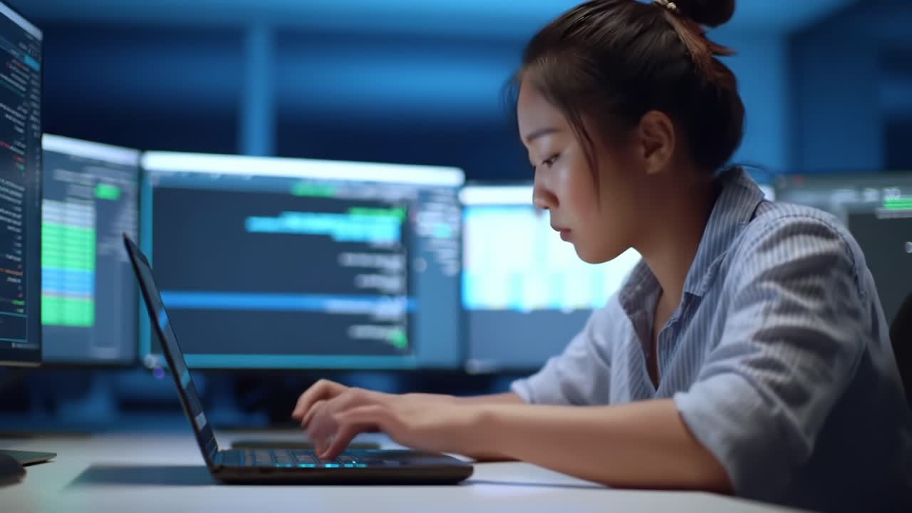 Focused Programmer Working Intensively on Coding Tasks in a Dimly Lit Room Surrounded by Multiple Computer Screens, Highlighting a Concentrated Atmosphere of Technology and Innovation