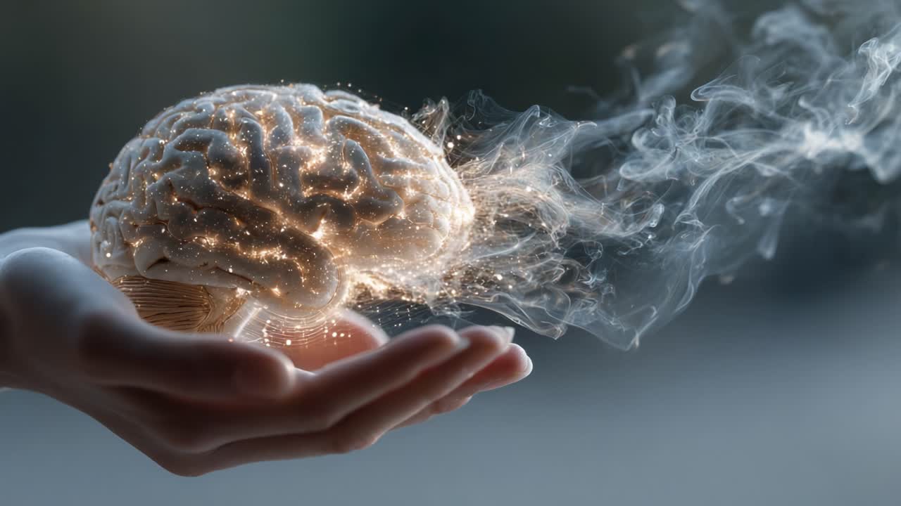 A Stunning Visual of Creativity and Imagination: A Human Brain Emitting Glowing Sparks and Smoke, Symbolizing Innovation and Thoughtfulness