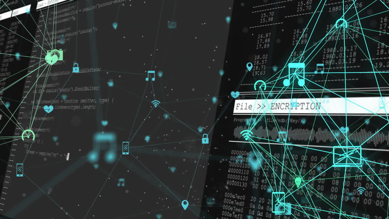 Digital network connections and file encryption text over data processing animation