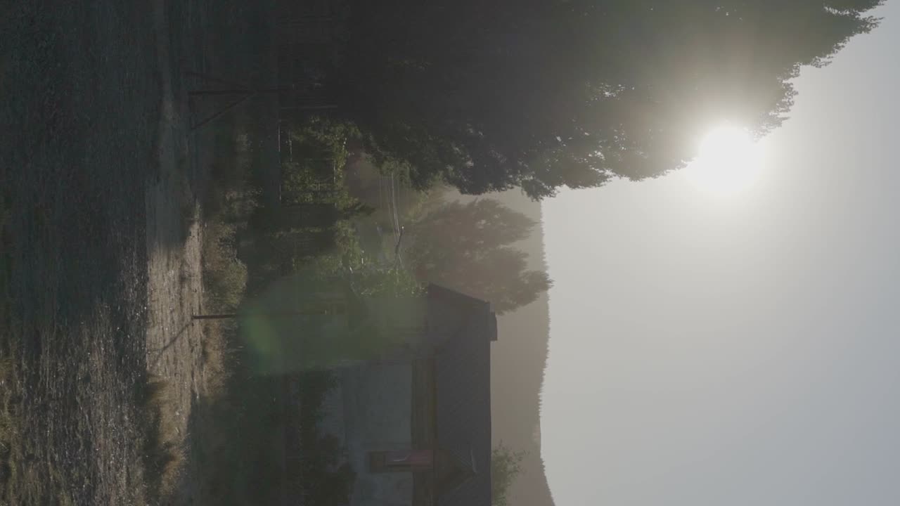 나무 사이로 햇살이 비치는 아르헨티나 시골 파타고니아의 농가