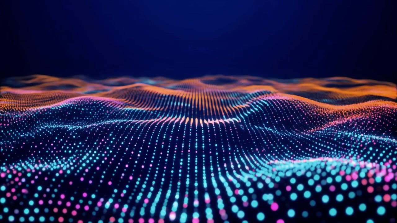 Abstract Digital Wave of Glowing Particles Moving in Dark Space