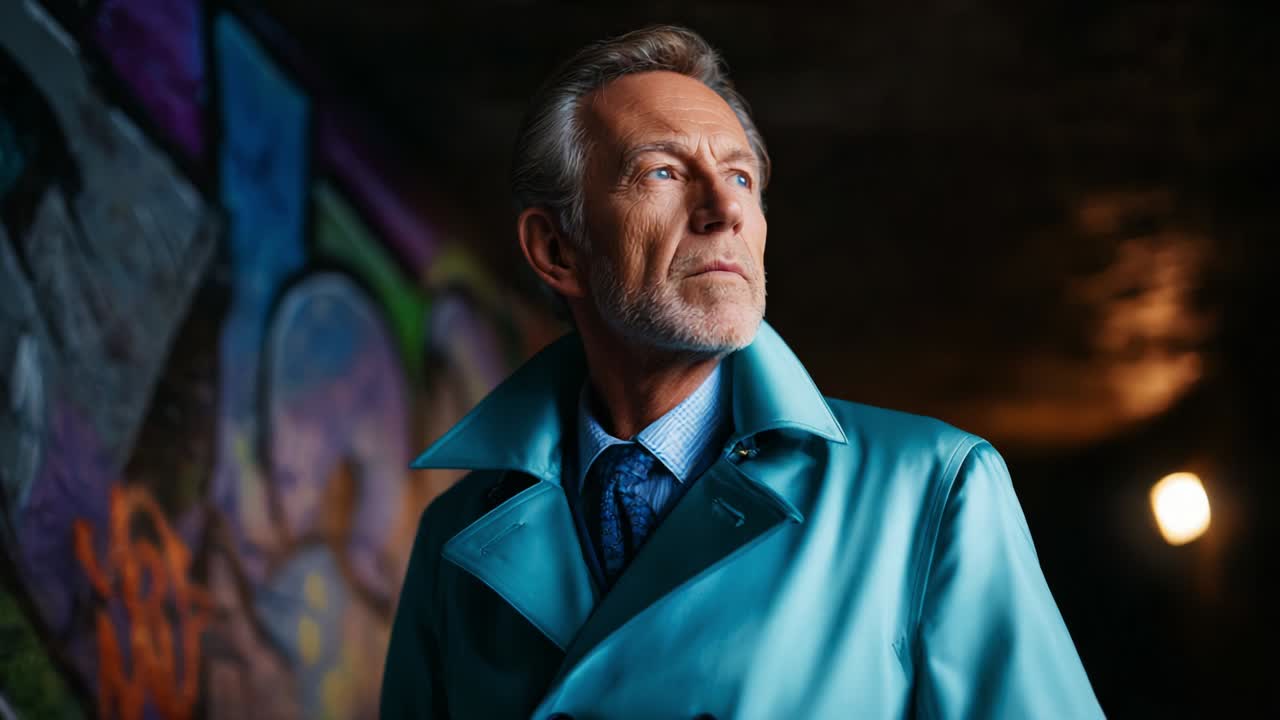 An Elegant Man in a Vibrant Blue Coat Stands Thoughtfully Against a Colorful Urban Mural, Capturing a Moment of Contemplation in an Artistic Setting Filled with Graffiti and Light