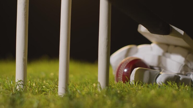 Natura morta di cricket con primo piano di mazza, palla e guanti adagiati sull'erba dietro i paletti 2.