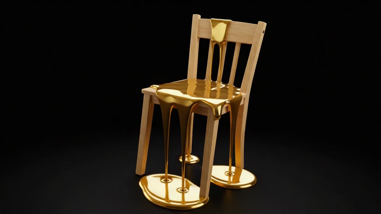 A wooden chair exudes a mesmerizing golden liquid, creating a striking contrast against a dark background, showcasing a blend of simplicity and elegance