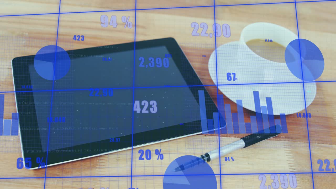 Grid overlay sliding triggers bar and pie charts animating on tablet showing monthly data trends