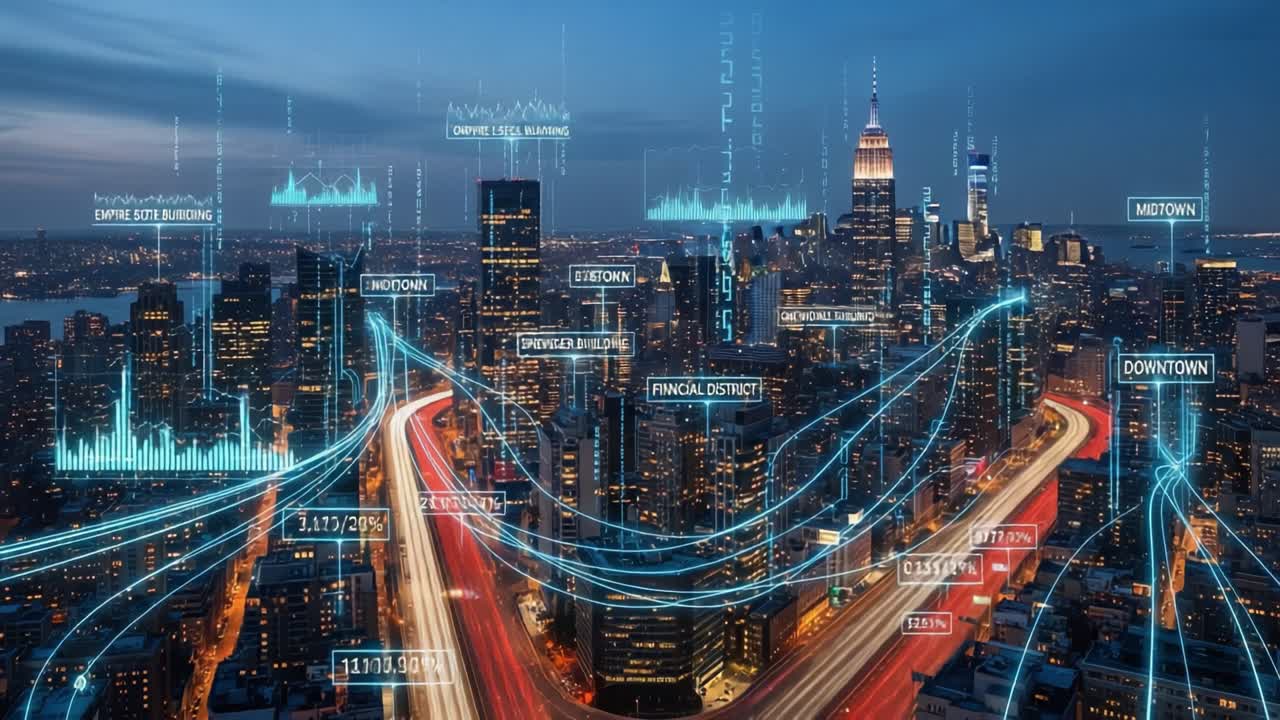 Visualização dinâmica de paisagem urbana: uma visão geral impressionante de estruturas da cidade e fluxo de tráfego com recursos de dados analíticos que iluminam o horizonte