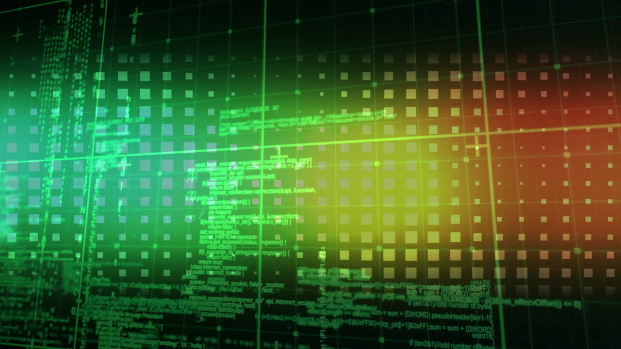 animación del procesamiento de datos sobre fondo verde y rojo