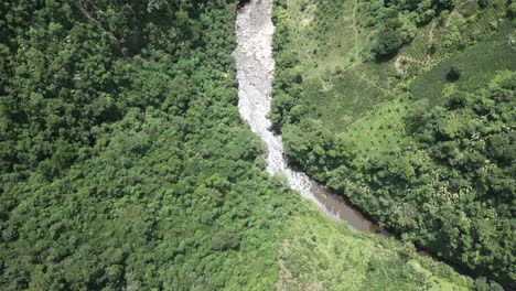 Aerial-footage-of-fast-flowing-river-in-forest-Colombia,-top-down-view,-environment