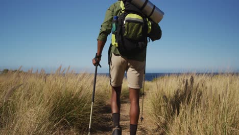 african american man hiking with hiking poles in countryside by the coast