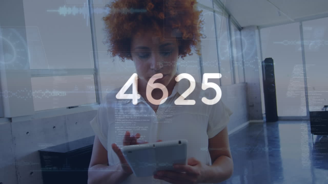 Animation of network of connections with media icons over caucasian woman online using smartphone