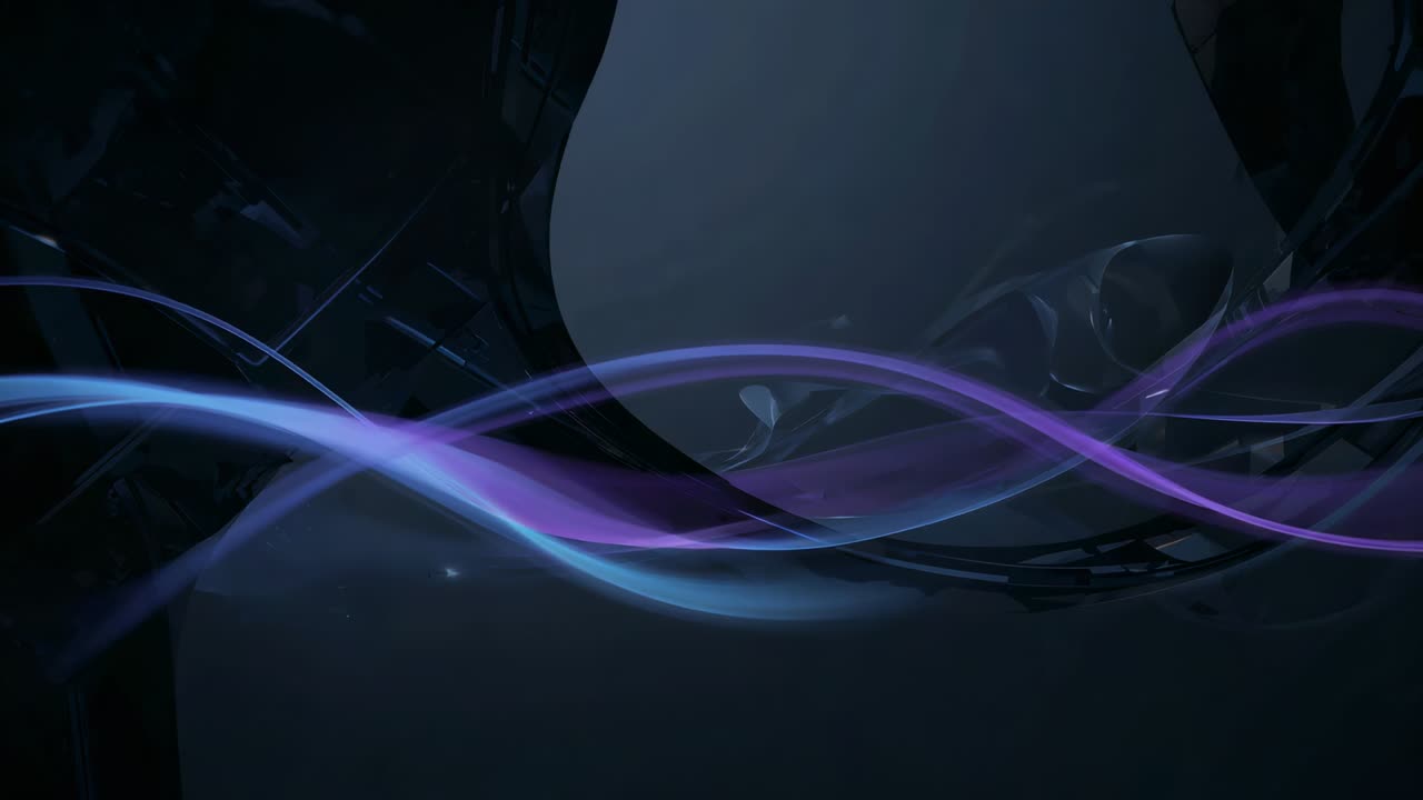 Starting left purple-blue ribbons moving across CGI bottom, creating glows, dots revealing lattice
