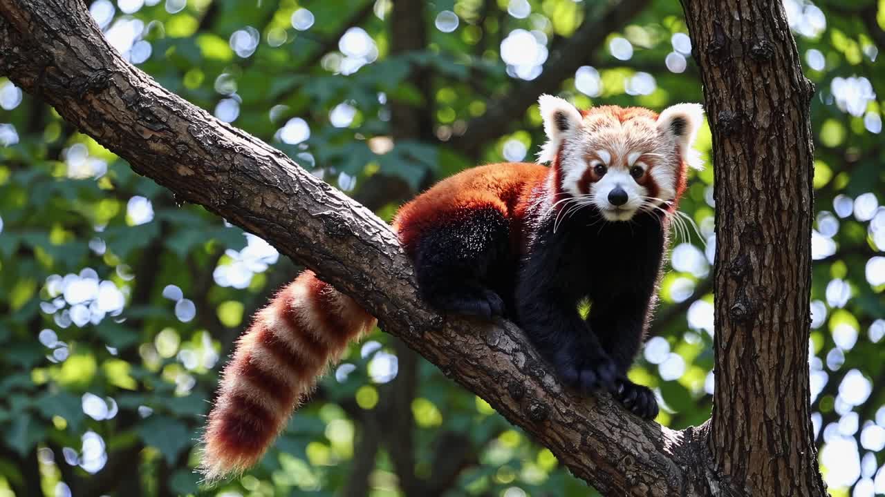 Un panda rosso appollaiato su un ramo d'albero, ripreso con un'angolazione dal basso.