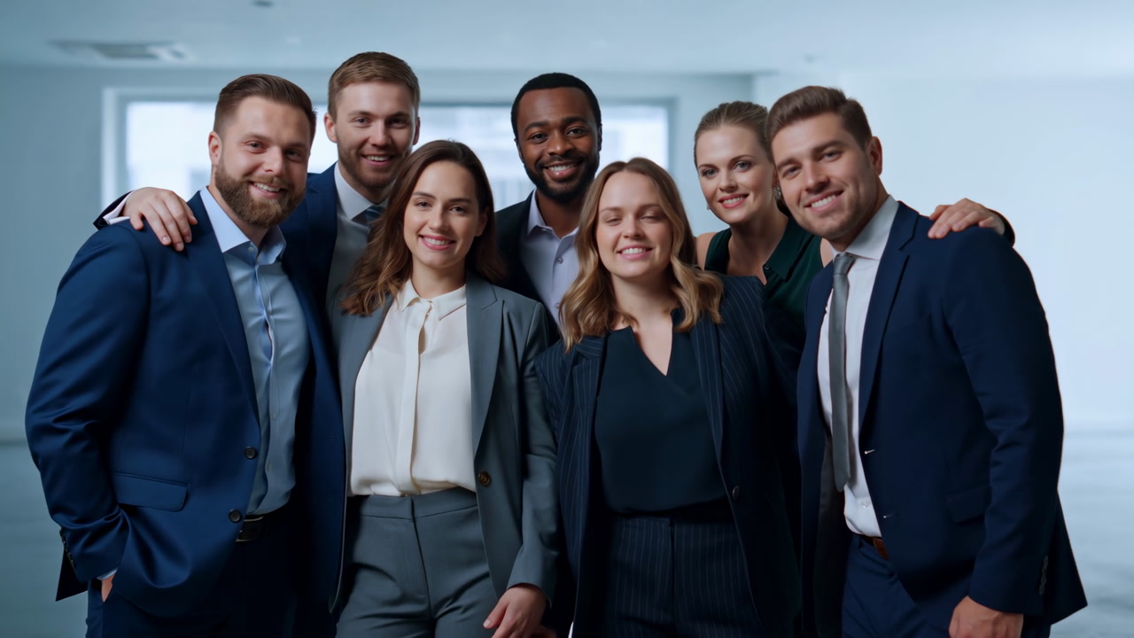 Professional Corporate Team Posing Together In Modern Office, Smiling Executives In Suits With Arms