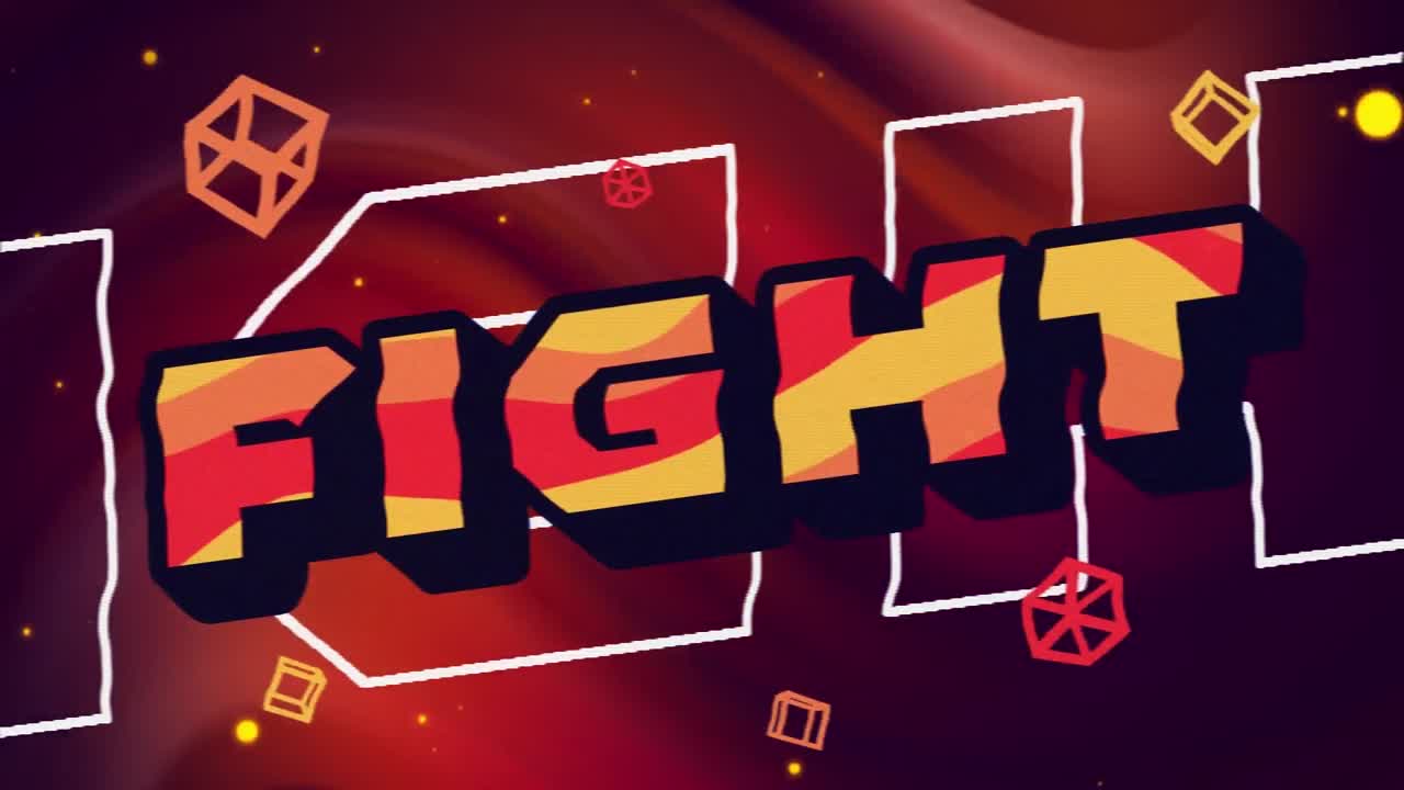 오렌지색과 노란색으로 전투 텍스트의 애니메이션으로 모양과 밝은 반점이 검은색에 빨간 안개 위에 있습니다.