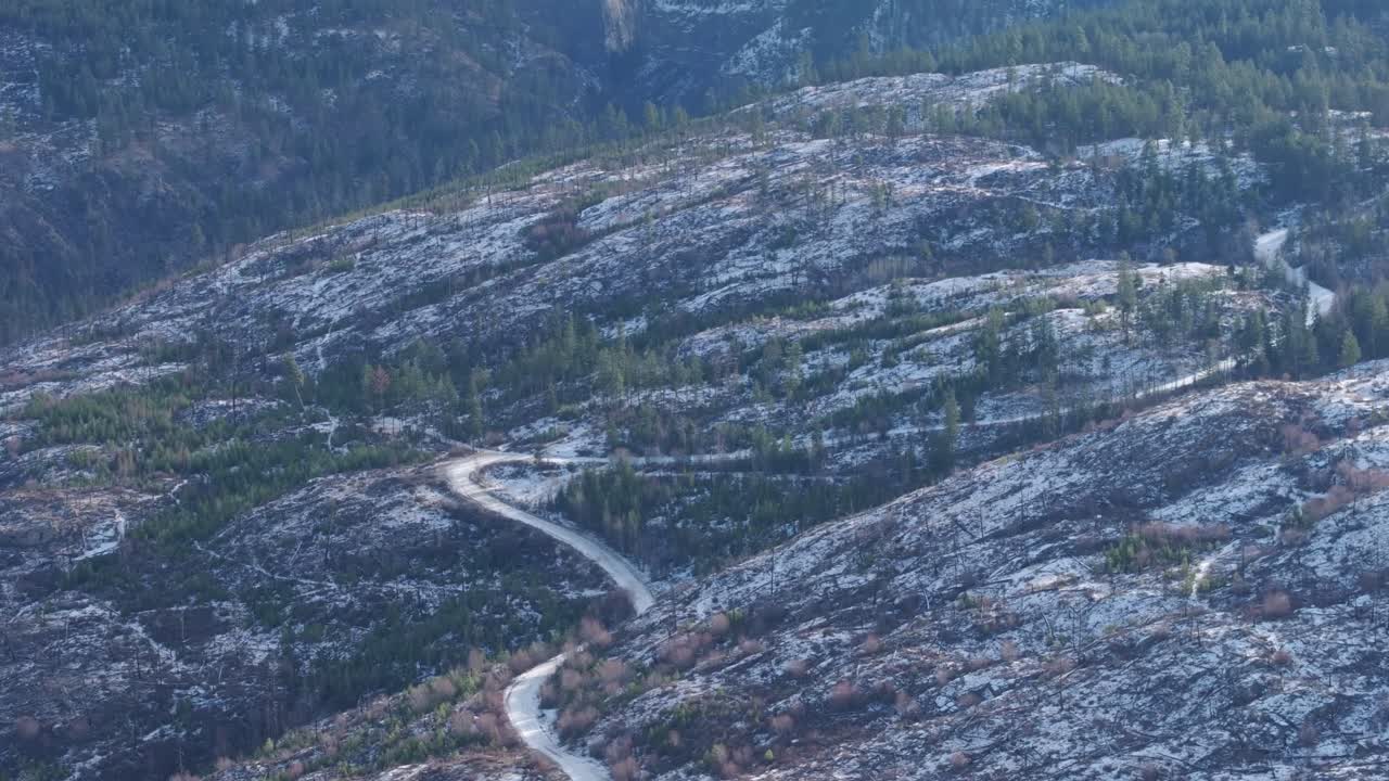 Snow covered mountain road winding through trees