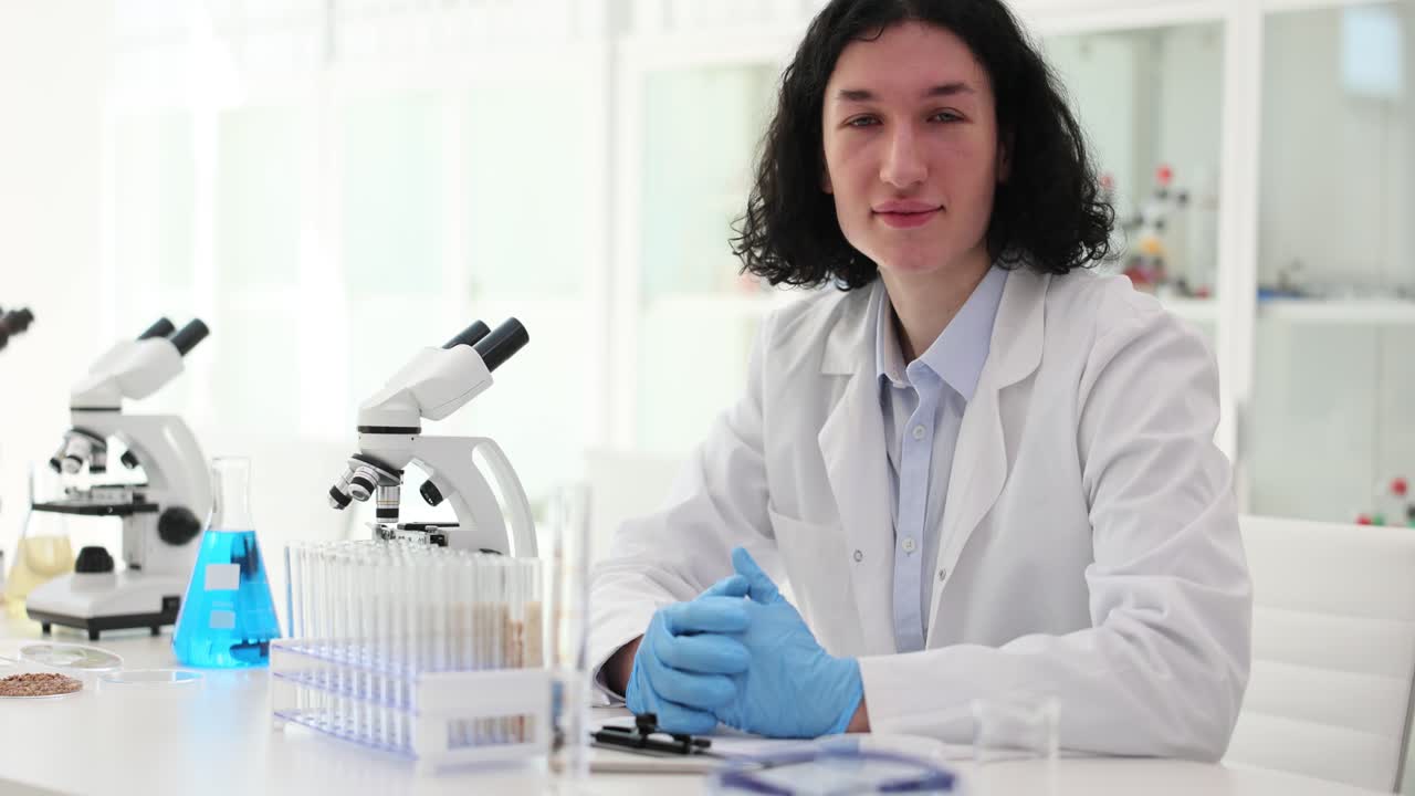 Un assistente di laboratorio siede alla scrivania con microscopio e provette.