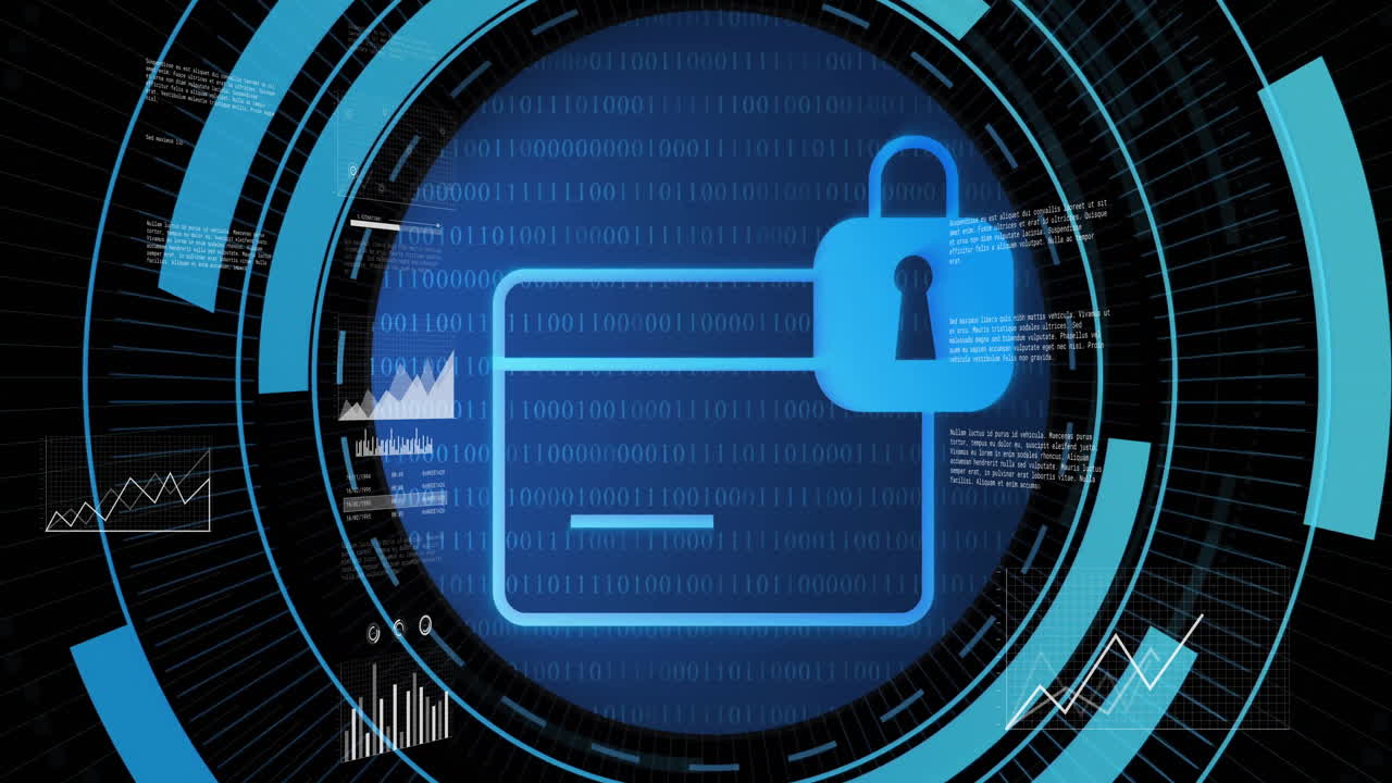 Glowing blue folder icon getting locked in futuristic dashboard, with binary code and UI charts