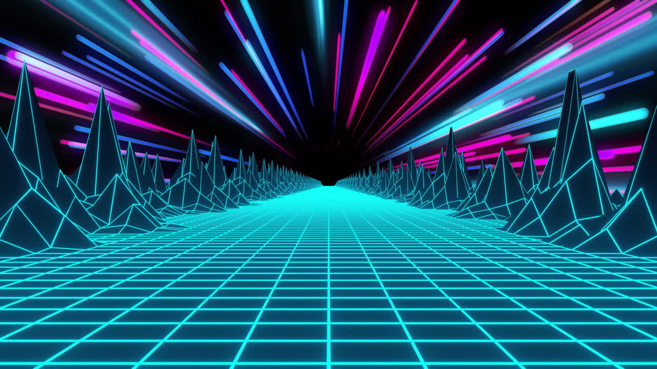 animación de la cuadrícula digital y el paisaje con rayos de neón parpadeantes en el cielo nocturno