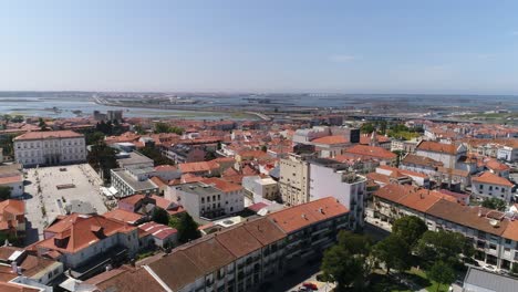 aerial view of aveiro traditional old city from north portugal with salines in the background