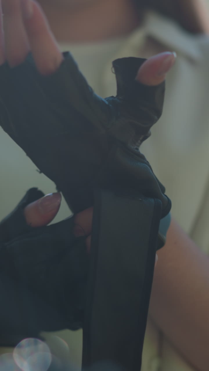 primer plano de la mano del individuo desabrochando la correa del guante de motociclista contra el telón de fondo de la vegetación exuberante, la mano está ajustando delicadamente el guante con enfoque en los dedos