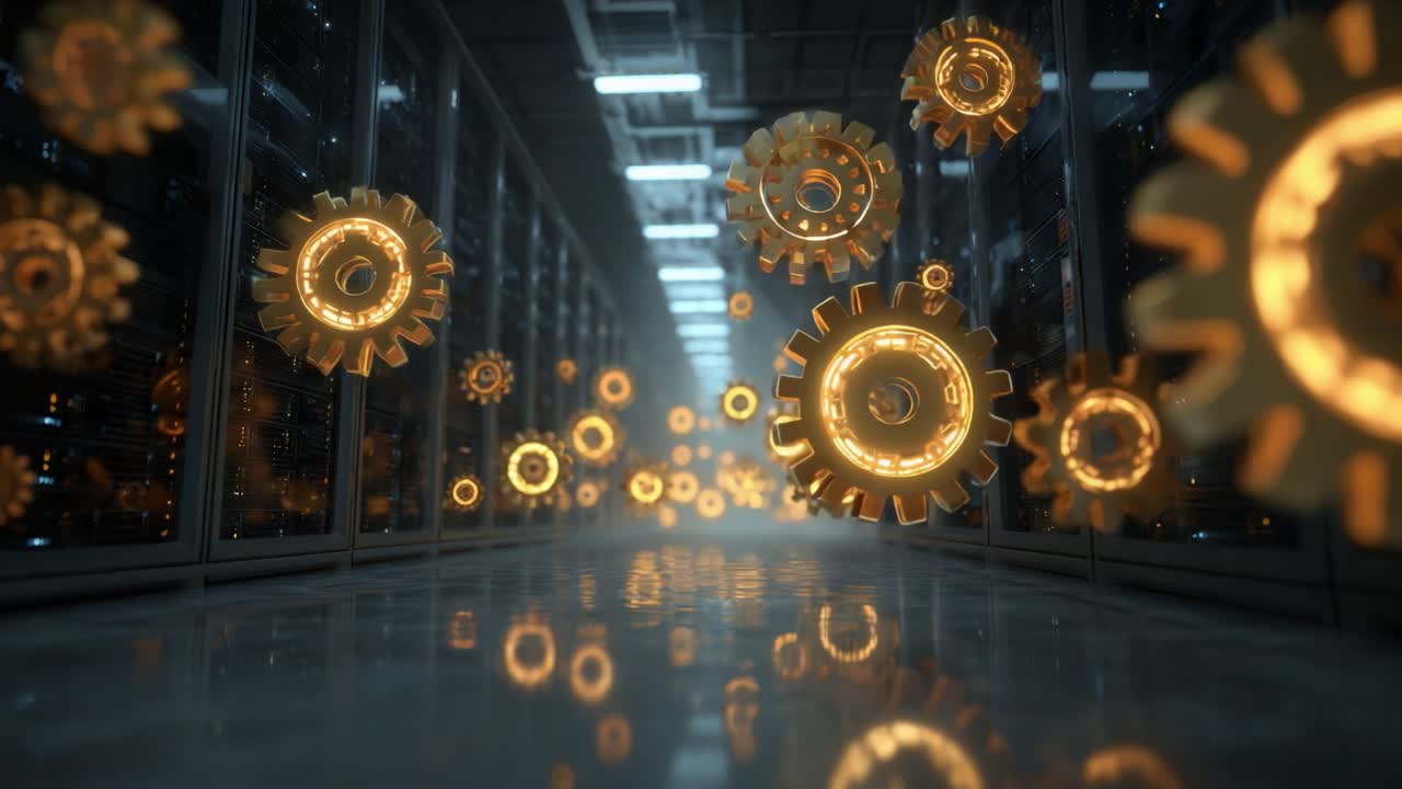 Endless server room hallway filled with floating, glowing golden cogwheels symbolizing the inner workings of data processing, automation, information technology, and cloud computing infrastructure