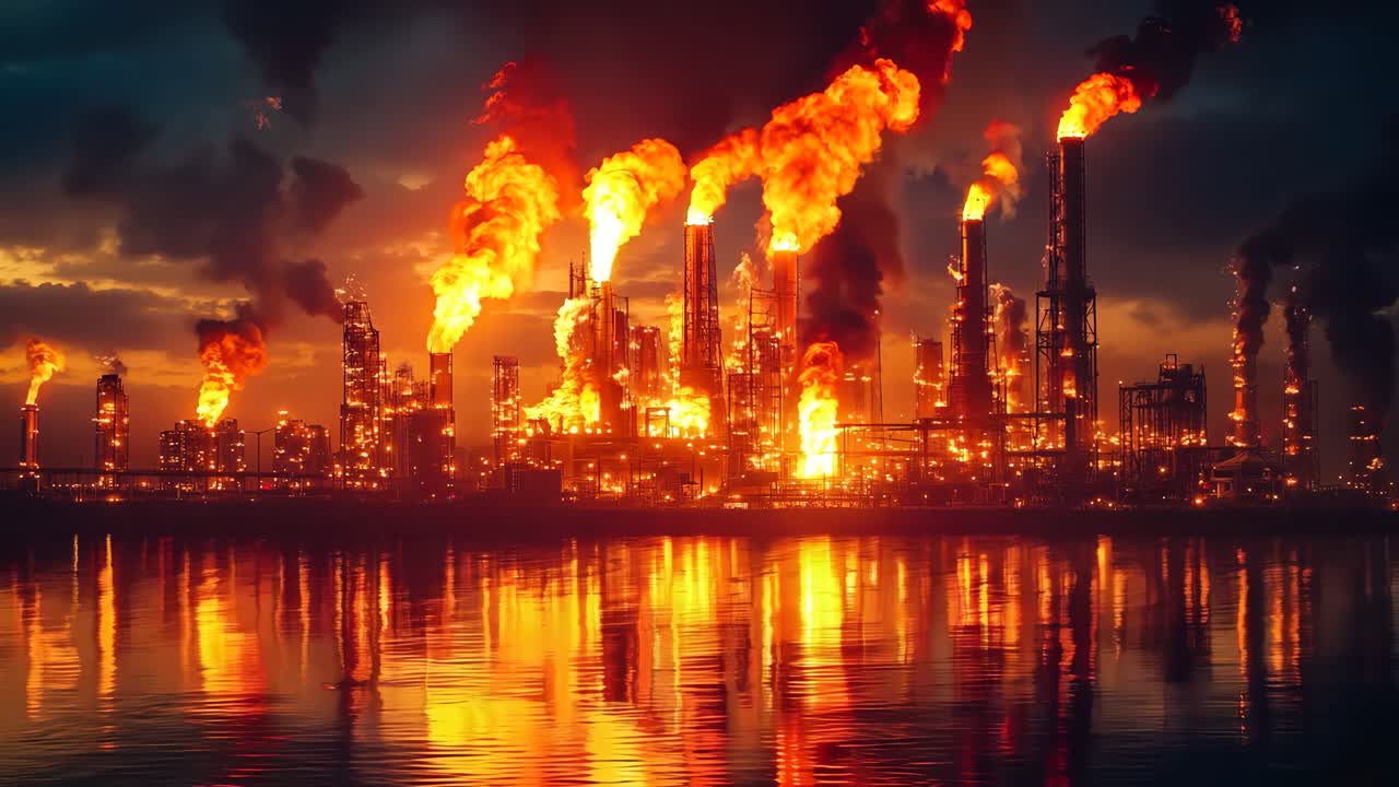 밤에는 연기가 많이 나오는 큰 석유 정제소